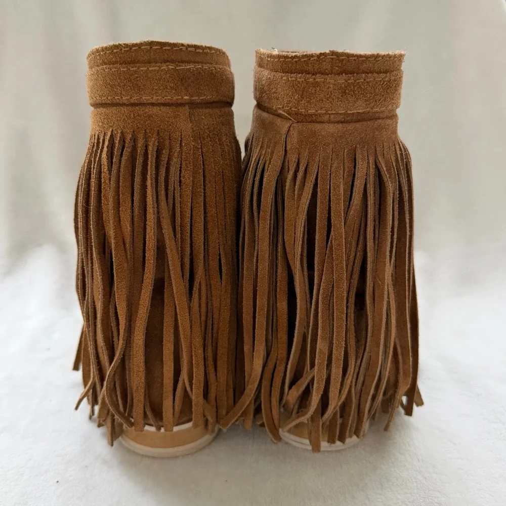 Maison Des Talons Anthropologie Tan Suede Fringe Mocassin Half Boots Size 38/8